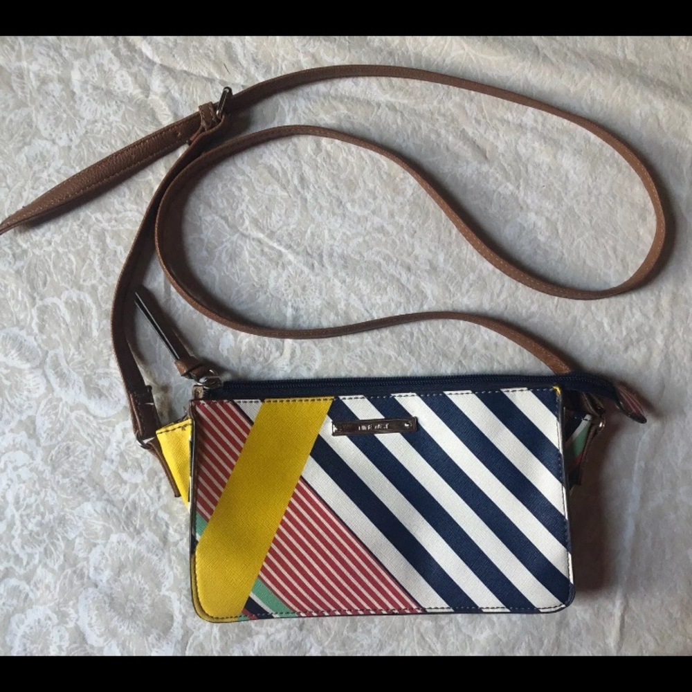 Nine West Colorful Striped Small Crossbody Brown Strap Color Block 8.5x5” Purse